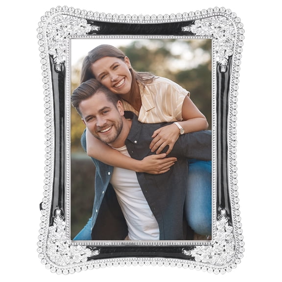 REGALWOVEN Plated Picture Frame with Crystal for Wedding Shiny with Clear Glass Photo Frames for Tabletop Decor Silver and Black 5x7