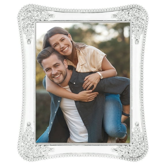 REGALWOVEN Plated Picture Frame with Crystal for Wedding Shiny with Clear Glass Photo Frames for Tabletop Decor Silver and White 5x7