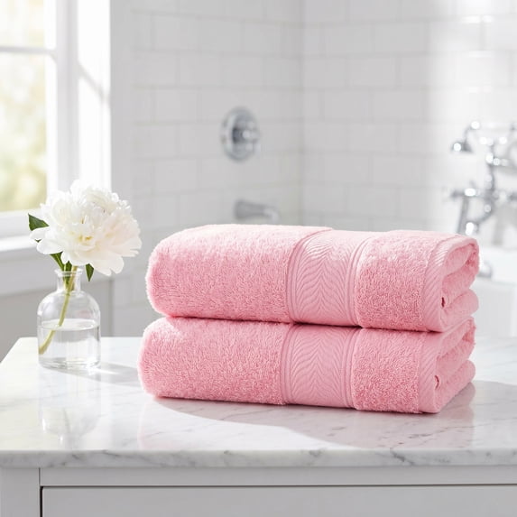 REGALWOVEN Solid Striped Hand Towels Set of 2, Cotton Soft Absorbent Bathroom Decorative Towel Pink 14" x 30"