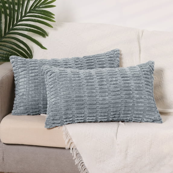 REGALWOVEN Corduroy Decorative Throw Pillow Covers Soft Boho Striped Cushion Covers Gray Blue 16" x 16"