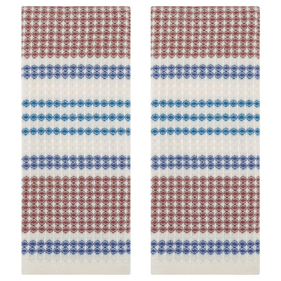 REGALWOVEN Waffle Striped Hand Towels for Bathroom, Soft Absorbent Cotton Decorative Hand Towel Set (13 x 29 Inch) Blue Brown 2-Piece