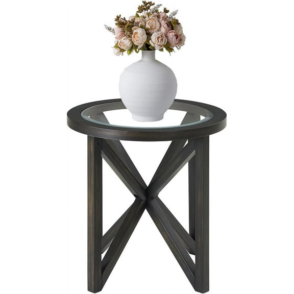 HMFULE 22.1" Round End Table, Modern Coffee Side Table with Tempered Glass Top and Solid Wood Base for Small Spaces, Dinning, Living Room, Bedroom (Black)
