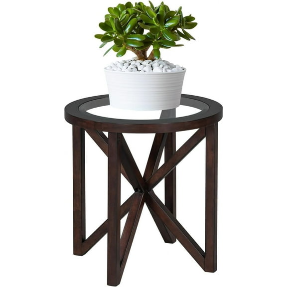HMFULE 22.1" Round End Table, Modern Coffee Side Table with Tempered Glass Top and Solid Wood Base for Small Spaces, Dinning, Living Room, Bedroom (Cherry)