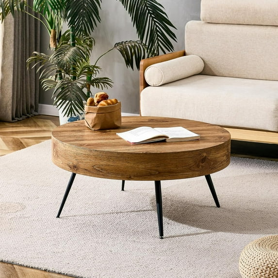 HMFULE 31" Round Coffee Table Modern Minimalist with Metal Legs, Circle Coffee Table Decor, Rustic Living Room Furniture, Engineered Wood Easy to Clean & Easy to Assemble