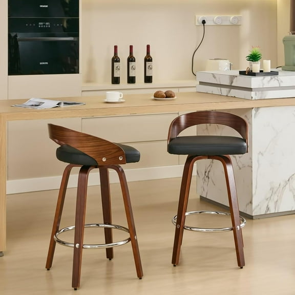 HMFULE 360°Swivel Mid Century Bar Stools with Low Back Set of 2, Cherry Wooden Bar Stool with Black PU Upholstered, 26" Counter Height Leather Bar Stools for Kitchen Island, Pub, Restaurant