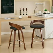 HMFULE 360 Swivel Mid Century Bar Stools with Low Back Set of 2, Cherry Wooden Bar Stool with Black PU Upholstered, 26" Counter Height Leather Bar Stools for Kitchen Island, Pub, Restaurant