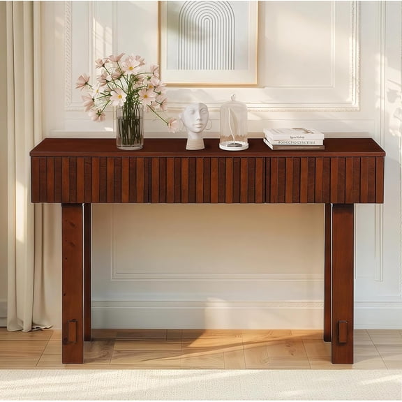 HMFULE 52" Solid Wood Console Table for Entryway, Modern Sofa Table Behind Couch with 3 Drawers, Farmhouse Sofa Tables for Living Room, Hallway, Foyer, Easy Assembly, Cherry