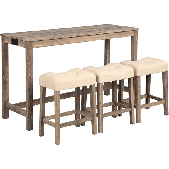 HMFULE 59'' Dining Bar Table and Chairs Set with Power Outlet, 4-Piece Industrial Breakfast Table Set with 3 Padded Stools, Wood Console Table Set for Kitchen Living Room Dining Room, Brown