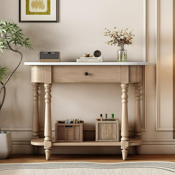 HMFULE Retro Curved Console Table, 36" Solid Wood Half Moon Console Table Sofa Table Entryway Table with 1 Drawer 1 Open Shelf Roman Legs Curved Corners for Living Room,Entryway,Hallway,White+Beige