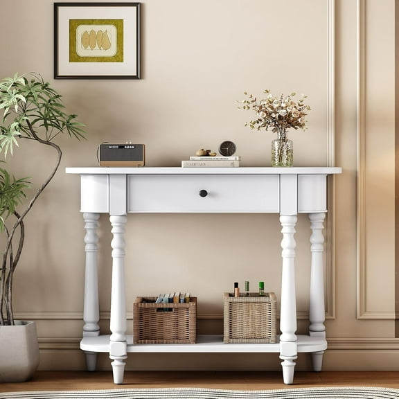 HMFULE Retro Curved Console Table, 36" Solid Wood Half Moon Console Table Sofa Table Entryway Table with 1 Drawer 1 Open Shelf Roman Legs Curved Corners for Living Room,Entryway,Hallway,White