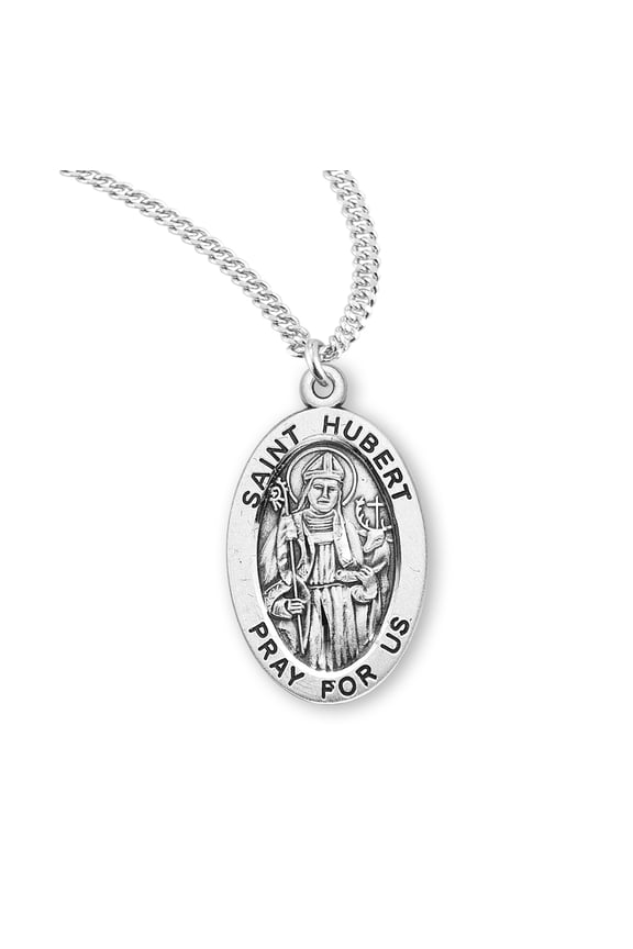 Die Struck Hand Engraved Patron Saint Hubert Oval Sterling Silver Medal for Men | Women with 20" Rhodium Plated Curb Chain packaged in Deluxe Velvet Box