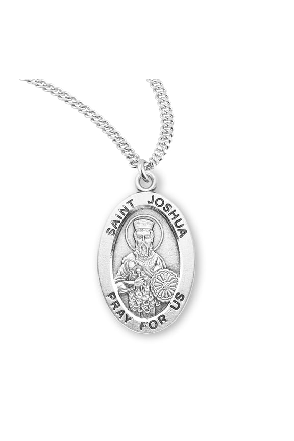Die Struck Hand Engraved Patron Saint Joshua Oval Sterling Silver Medal for Men | Women with 20" Rhodium Plated Curb Chain packaged in Deluxe Velvet Box