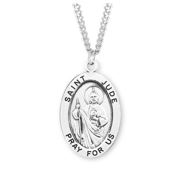 HMH Die Struck Hand Engraved Patron Saint Jude Oval Sterling Silver Medal for Men | Women with 24" Rhodium Plated Endless Curb Chain packaged in Deluxe Velvet Box