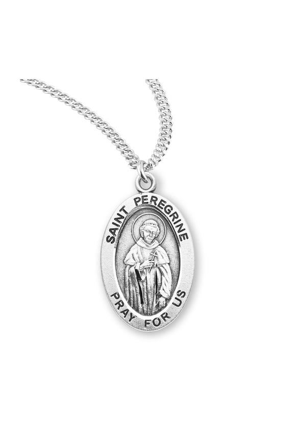 Die Struck Hand Engraved Patron Saint Peregrine Oval Sterling Silver Medal for Men | Women with 20" Rhodium Plated Curb Chain packaged in Deluxe Velvet Box