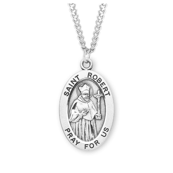 HMH Die Struck Hand Engraved Patron Saint Robert Oval Sterling Silver Medal for Men | Women with 24" Rhodium Plated Endless Curb Chain packaged in Deluxe Velvet Box