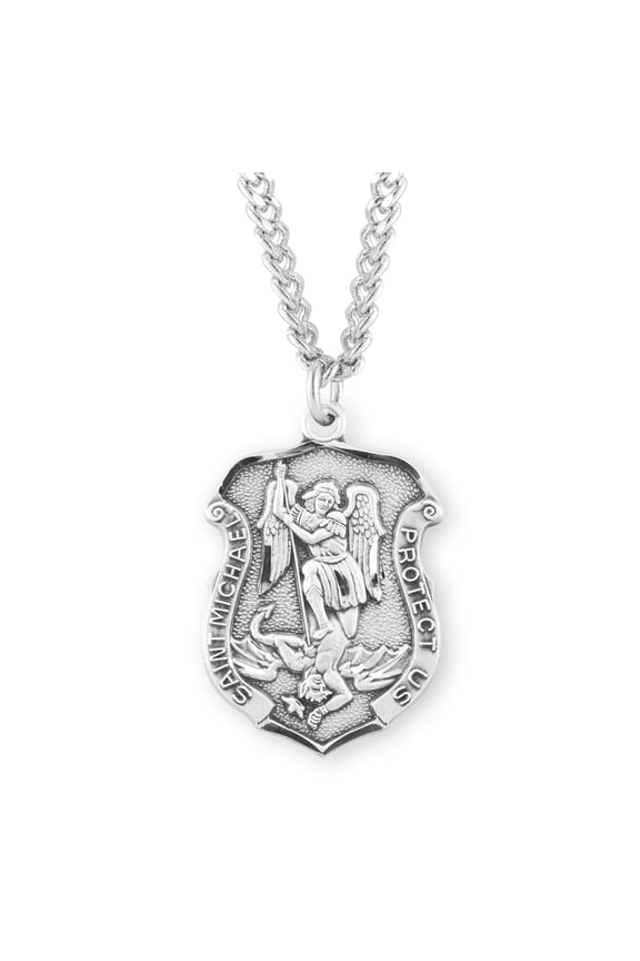 Die Struck Hand Engraved Saint Michael Sterling Silver Badge Medal for Men | Women with 24" Rhodium Plated Endless Curb Chain packaged in Deluxe Velvet Box
