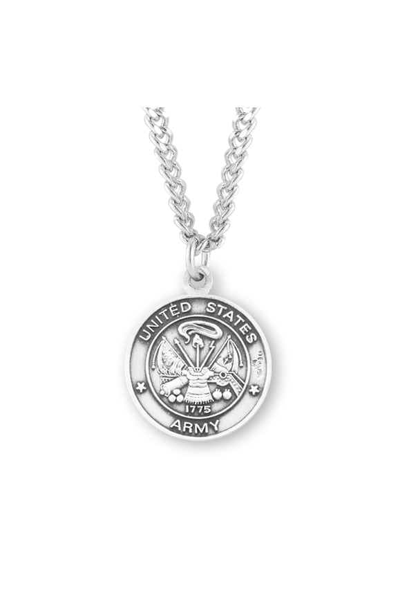 Die Struck Hand Engraved Sterling Silver Army Medal with St. Michael on Reverse Side for Men | Women with 24" Rhodium Plated Endless Curb Chain packaged in Deluxe Velvet Box