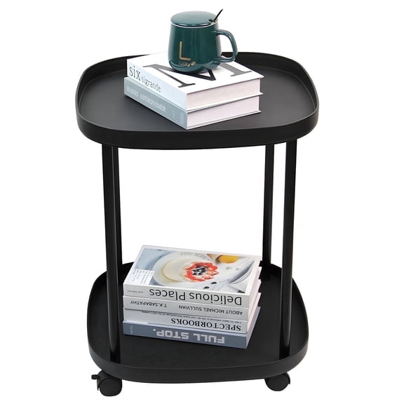 HMOSSVK Black small edge table, modern square 2-layer roller metal waterproof coffee table, used for living room, bedroom, bathroom, office, outdoor simple decoration table