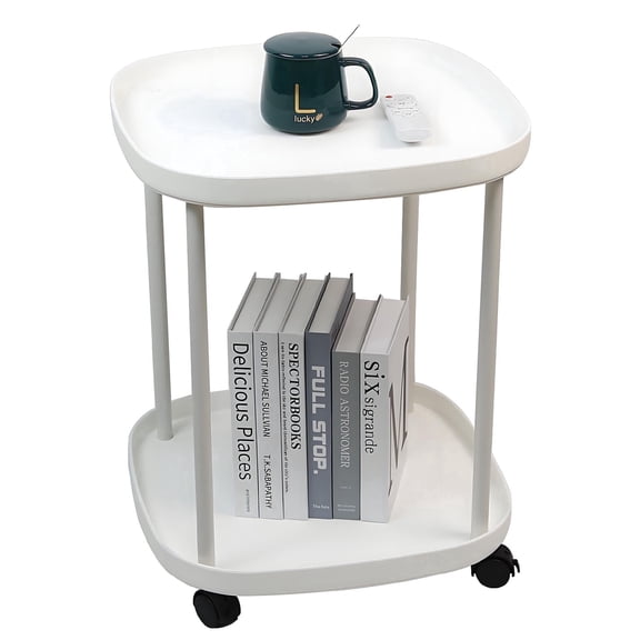 HMOSSVK Rolling Tray Waterproof PP Plastic Square Double Layered End Table, White