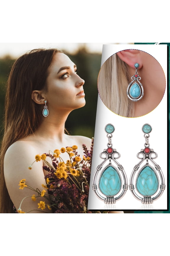 Women'S Water Drop Geometric Turquoise Earrings Vintage Temperament Gemstone Earrings Dark Earrings Neon Earrings Heart Earrings Multiple Earrings Set for Women Earrings Earrings Dangle
