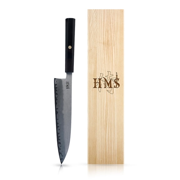 HMS 8-Inch Gyuto Chef Knife, Japanese HAP40 Triple-Layer Steel Kitchen Knife with Ebony Wood Handle, Hand Forged, Wooden Gift Box