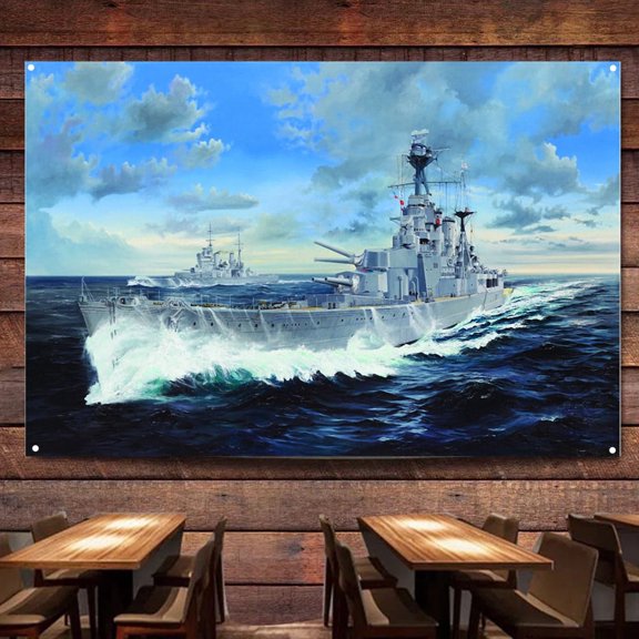 HMS Hood Battleship Wall Art Banners Hanging Flags Wall Chart Warship Military Art Poster Canvas Print Art Painting Room Office Home Decor Tapestry,38X57 inches