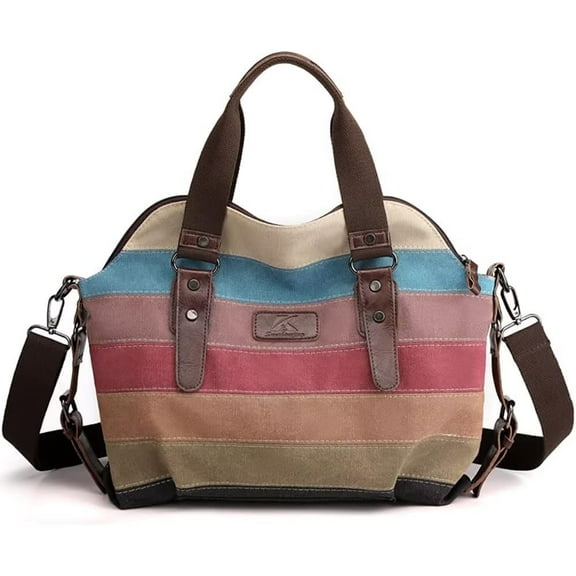 HMSHA Canvas Shoulder Bag for Women Vintage Multi-color Crossbody Purse Large Multi-pocket Tote Handbag Daily Shopping Purse
