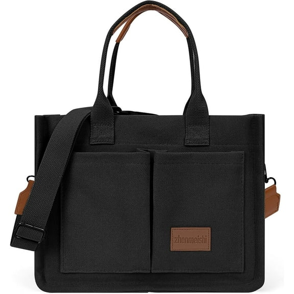 HMSHA Canvas Tote Bag with Multi Pockets Everything Tote for Women Church Bag Mommy Diapper Bag with Compartments