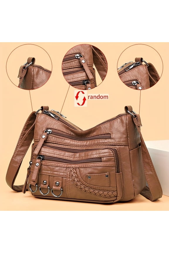 Chic Anti-theft Crossbody Bag | Women’s Retro Rivet Design with Adjustable Strap, Soft PU Leather, Solid Color & Secure Zipper