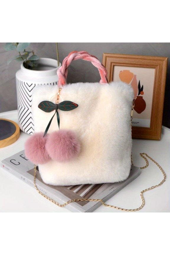 Chic Cherry Y2K Faux Fur Crossbody - Women's Autumn/Winter Plush Handbag, magnetic Closure, Faux Leather Lied