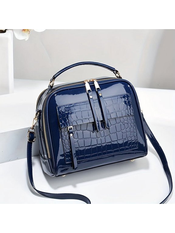 Crocodile Pattern Patent Leather Handbag - Timeless Retro Style Square Shoulder Bag with Adjustable Crossbody Strap for Versatile Wear - Durable Faux Leather for Women