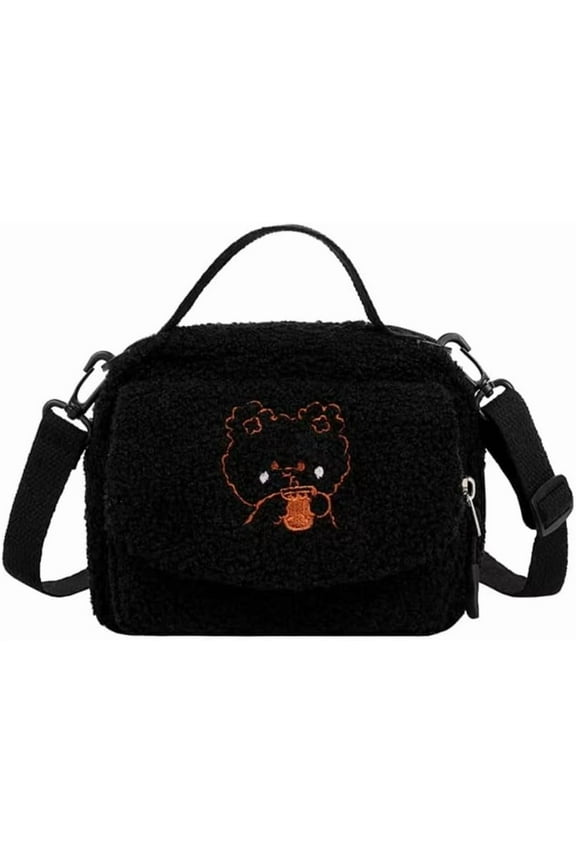Kawaii Small Corduroy Shoulder Bag Mini Bear Bag Chic Crossbody Bag Girl Teen Women Cute Japanese Pink Handbag Purse (Black)