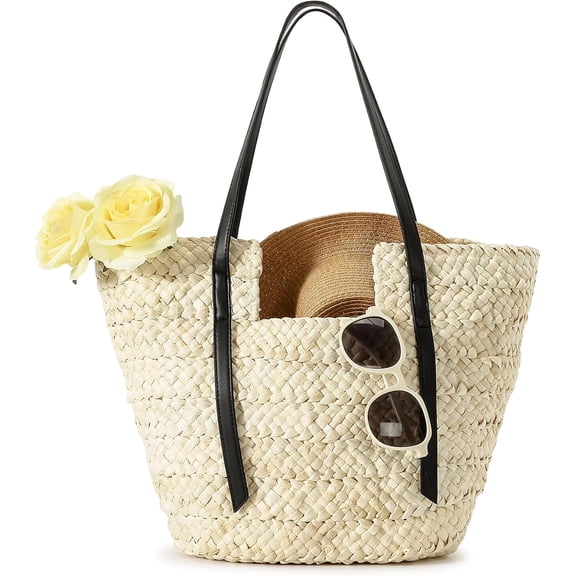 HMSHA Large Handmade Straw Purses for Women, Summer Beach Natural Weaving Chic Woven Tote Handbags Shoulder Bag