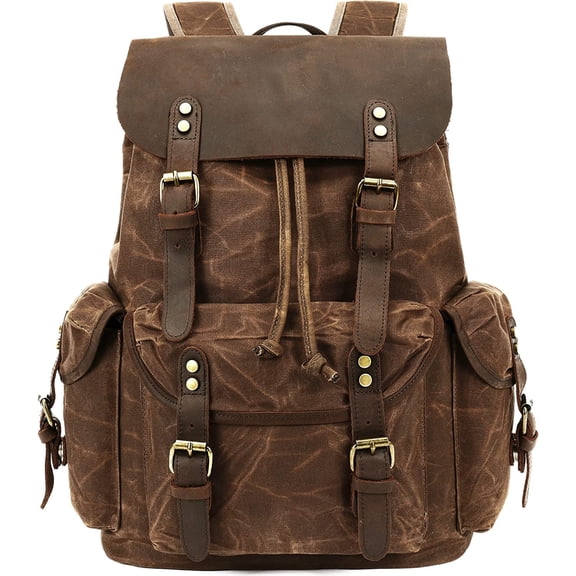 HMSHA Leather Backpack for Men,Huge Waxed Canvas Shoulder Rucksack for Travel Laptop OVERSIZE (M80_Brown_XL)