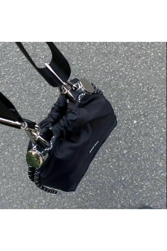 Mini Drawstring Bucket Bag - Stylish Nylon Shoulder and Crossbody Bag with Chain Detail - Polyester Lined, Solid Color, Edge Painted, Perfect for Occasions