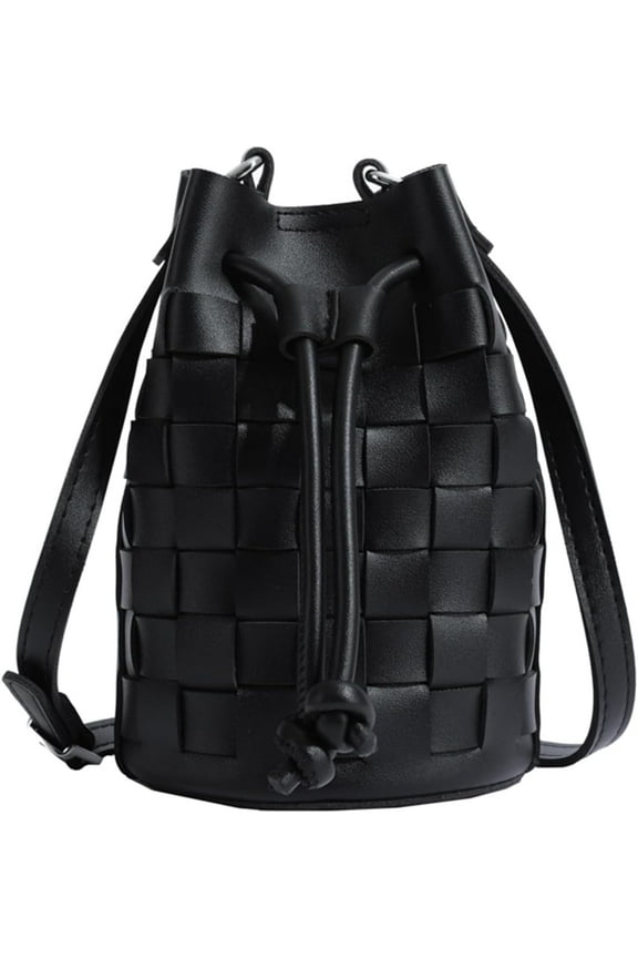 Mini Leather Woven Bucket Bag - Drawstring Purse Crossbody Handbag