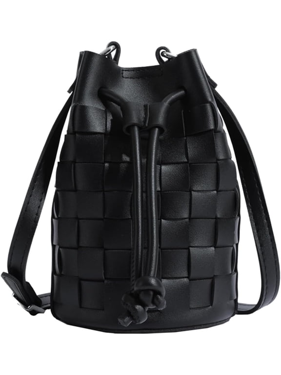 Mini Leather Woven Bucket Bag - Drawstring Purse Crossbody Handbag