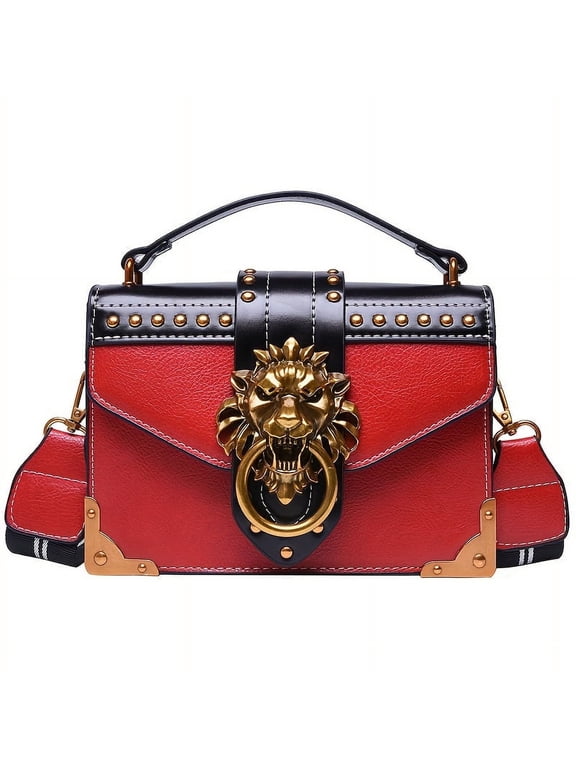 Mini retro lion head crossbody bag-compact & Chic punk style-timeless vintage PU leather shoulder bag with secure zipper compartment-fashion-forward accessory