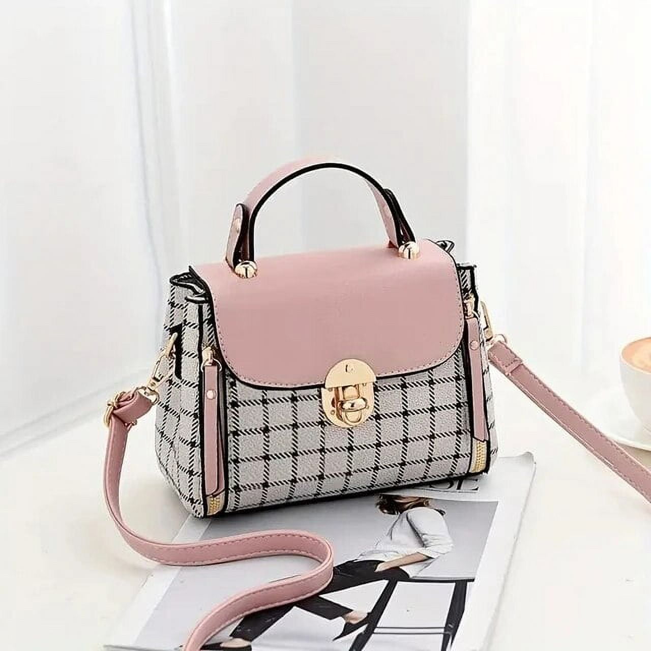 Luxury Pink and Brown Checkered Women\'s Bag 3-in-1 Everyday Bag - Pink Checkered – Maven Thread main image 2