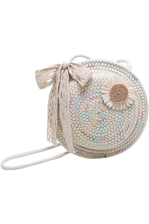 Novel Round Purse Cute Wheel Crochet Bag Women Crossbody Purse Beach Bag Handmade Woven Shoulder Bag Lace Bow