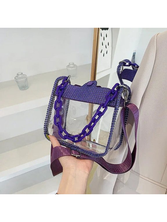 PVC Transparent Shoulder Crossbody Bag Rhinestone Thick Chain Ladies Small Purse and Handbags Fashion Jelly Summer Beach Totes