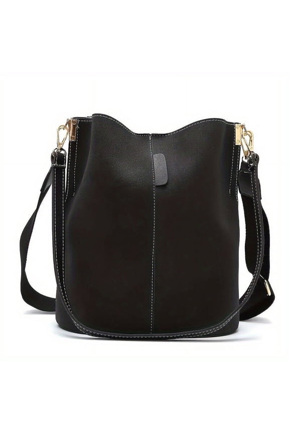 Retro Casual Shoulder Bag Wide Strap Crossbody Bucket Bag Medium Stiffness With Hard Base