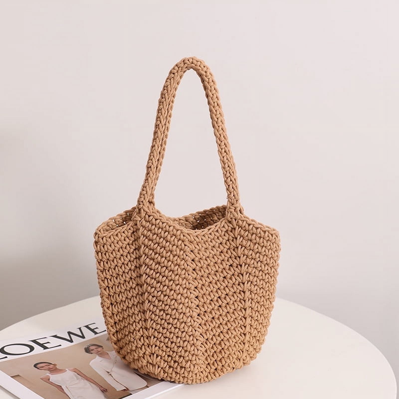 HMSHA Retro Single Shoulder Cotton Thread Woven Bag, New Crochet Woven Handbag, Beach Vacation Beach Bag