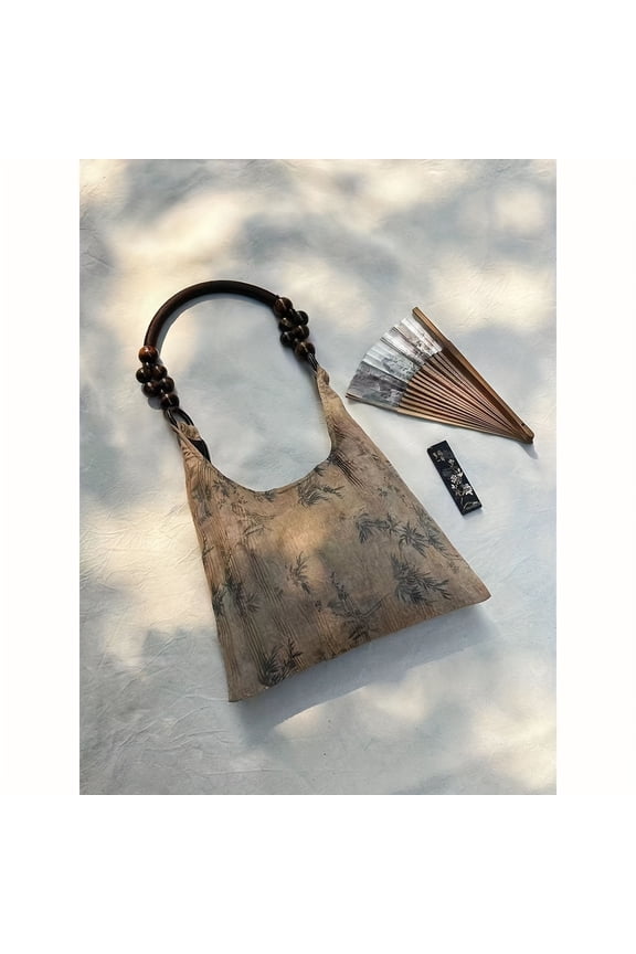 Single Shoulder Tote Bag Vintage Chinese Water Pattern With Bamboo Leaf Print Zen-Inspired Fashion Accessory Womens Mini Handbag With Beaded Handle