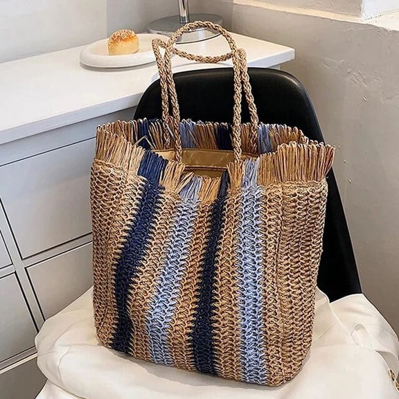 HMSHA Striped Beach Straw Bag Large Capacity Shoulder Bag For Women Handmade Woven Handbag Raffia Rattan Bag Vacation Casual Tote Bag