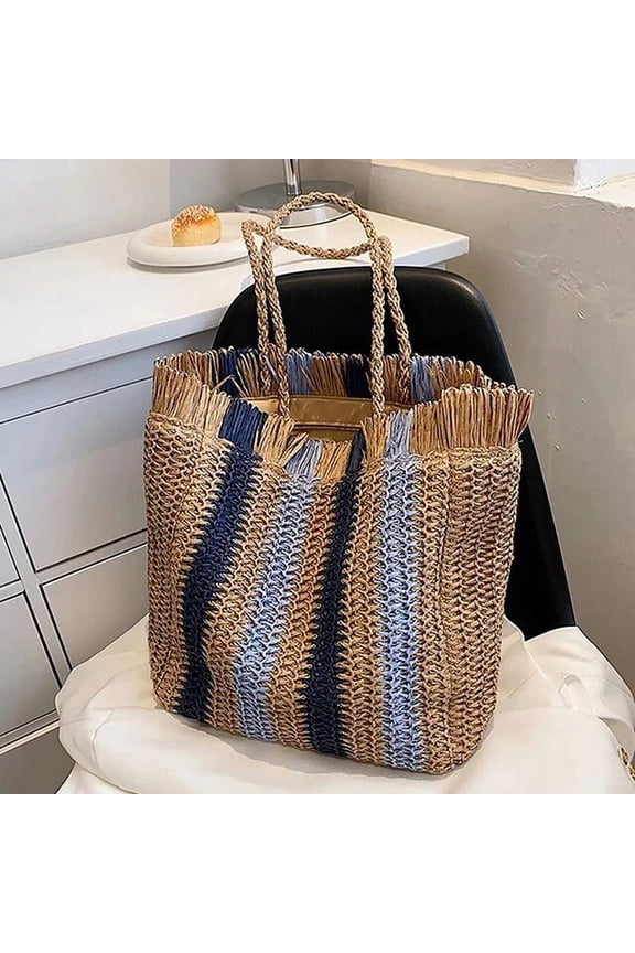 Striped Beach Straw Bag Large Capacity Shoulder Bag For Women Handmade Woven Handbag Raffia Rattan Bag Vacation Casual Tote Bag