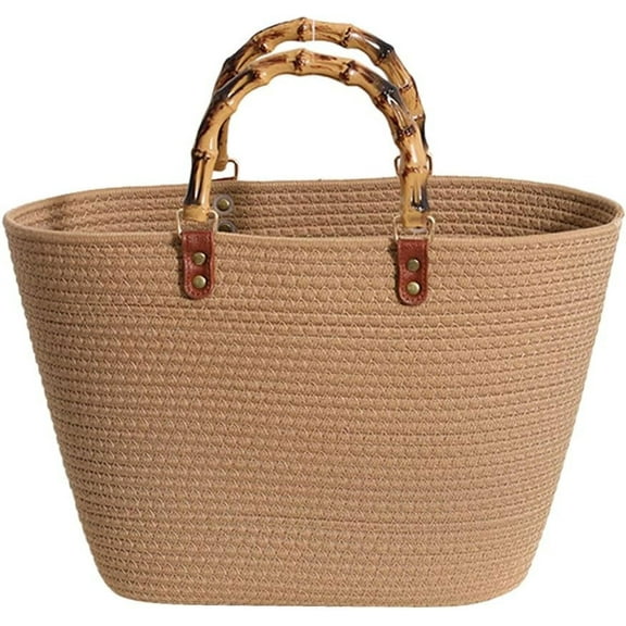 HMSHA Summer Beach Bag for Women Bamboo Handle Handbag Purse Soft Woven Tote Bag Handmade Beach Purse for Vacation