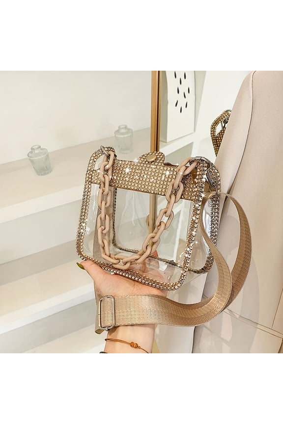 Vibrant Rhinestone Embellished Square Shoulder Bag - Buckle Closure, Transparent Stitching, PVC Lining, Solid Color, Acrylic Strap, Perfect for Music Festival and Daily Use