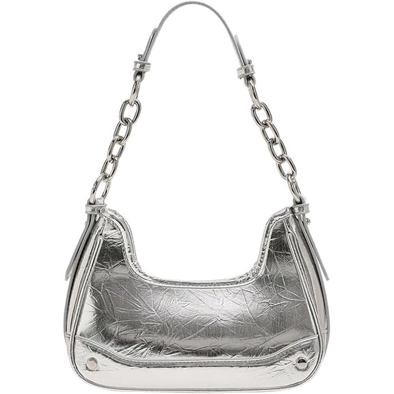 HMSHA Vintage Crescent Bag Silver Tote Purse for Women Y2k Tote Bag Shiny Leather Shoulder Bag Clutch Zipper Hobo Evening Bag