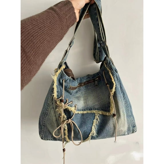 HMSHA Washed Denim Jeans Casual Totes for Women Shoulder Bags Soft Student Large Capacity Vintage Shopping Bag Female Handbags